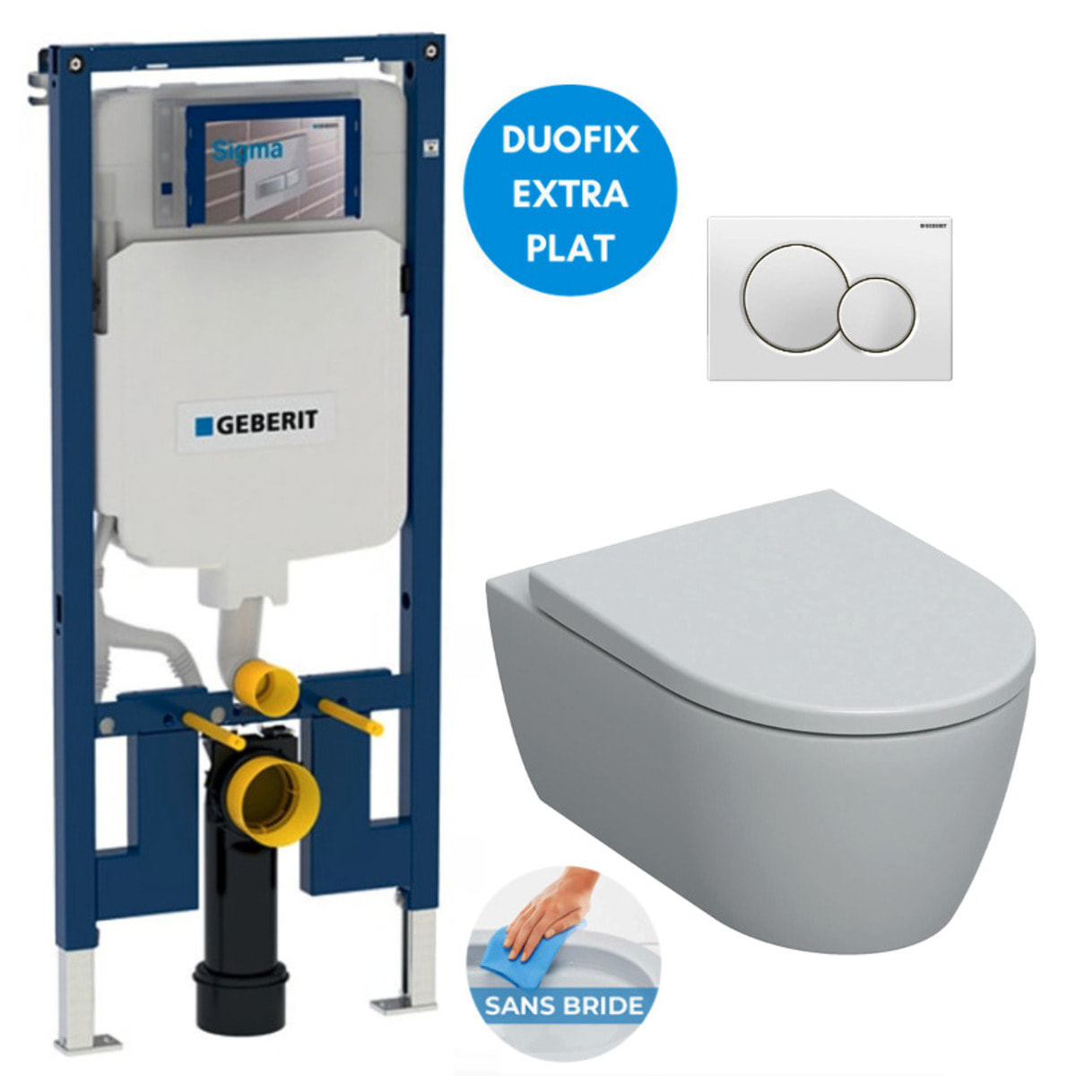 Pack WC Bati-support Geberit Duofix extra-plat + WC sans bride Geberit iCon + Abattant softclose + Plaque blanche (SLIM-iCon-B)