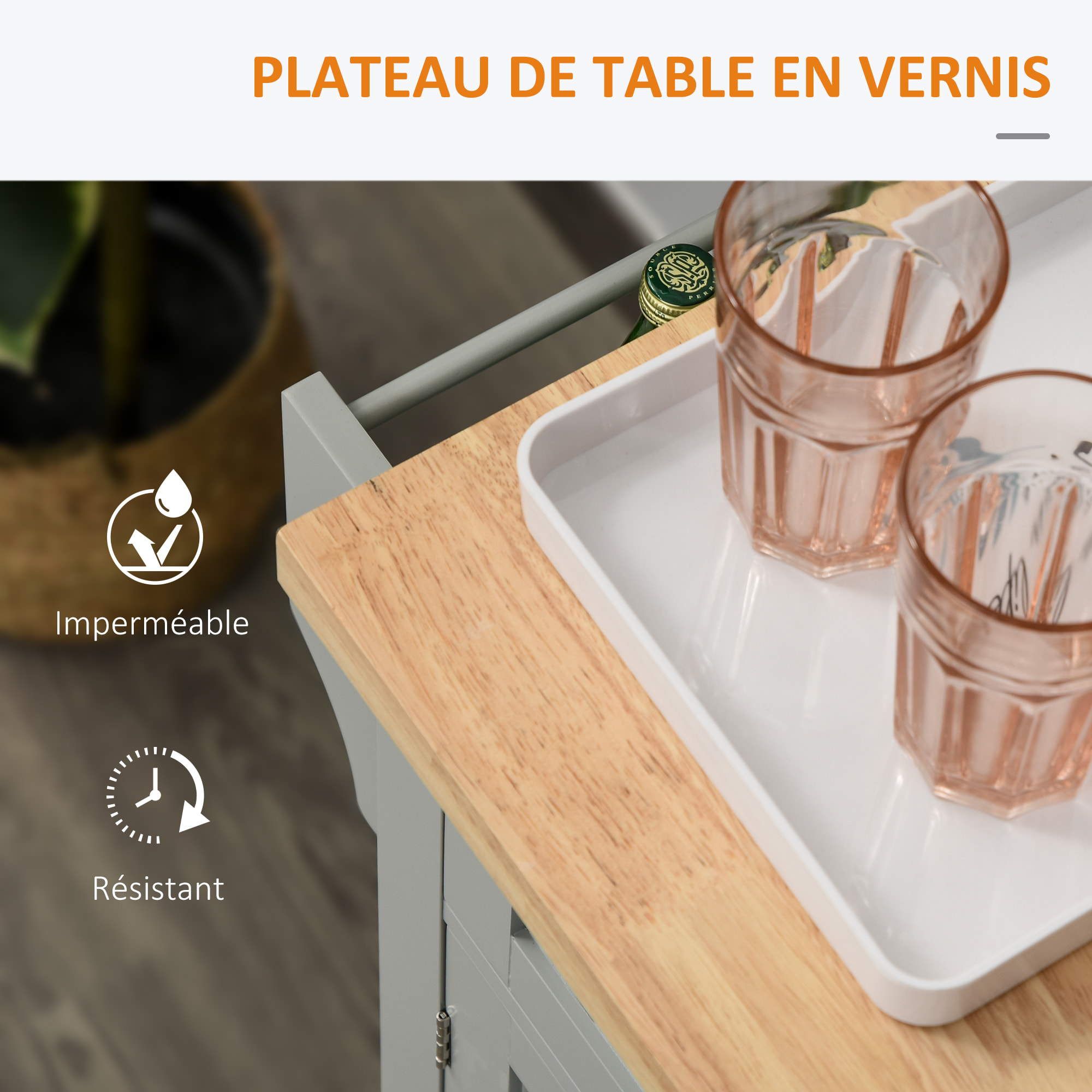 Desserte de cuisine multi rangements 2 tiroirs 2 placard 2 portes avec étagère range-bouteille porte-torchons MDF gris hévéa