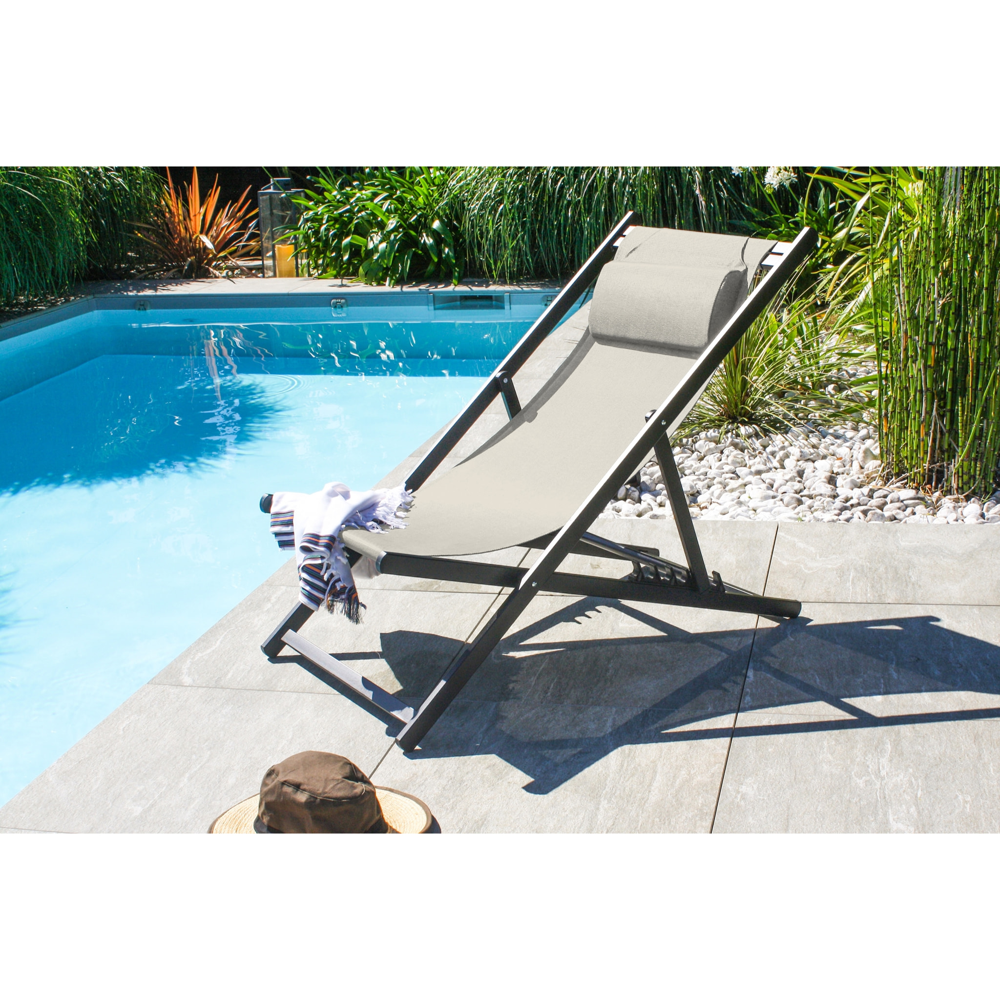 JULIA - Lot de 2 chiliennes de jardin en toile et aluminium gris anthracite