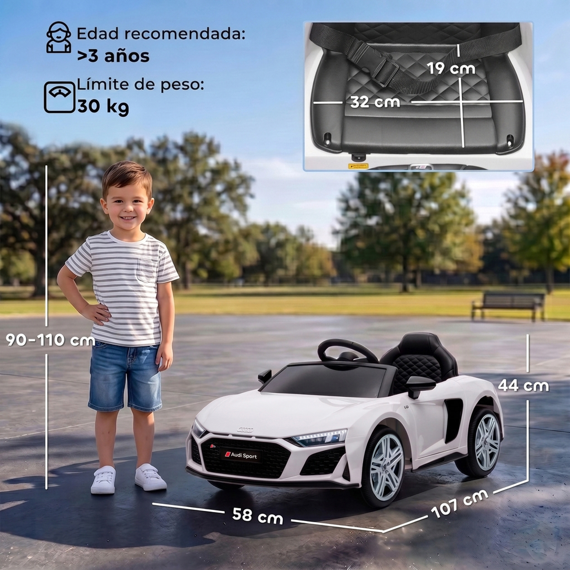 Coche Eléctrico para Niños Audi R8 Spyder Coche de Batería Litio 12V con Mando a Distancia 2,4 G 2 Motores Arranque Suave Suspensión Trasera Música Bocina USB Faros LED +3 Años 3-5km/h Blanco