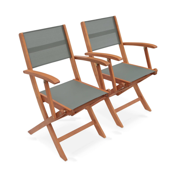 Fauteuils de jardin en bois et textilène - Almeria kaki - 2 fauteuils pliants en bois d'Eucalyptus huilé et textilène