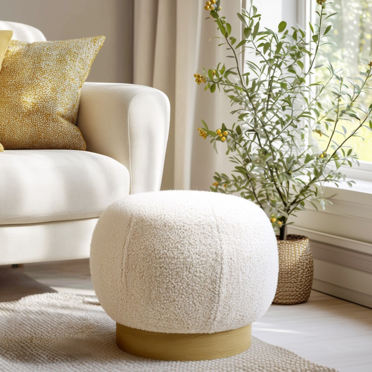 AGATHE - Pouf rond en tissu bouclette blanc D47cm