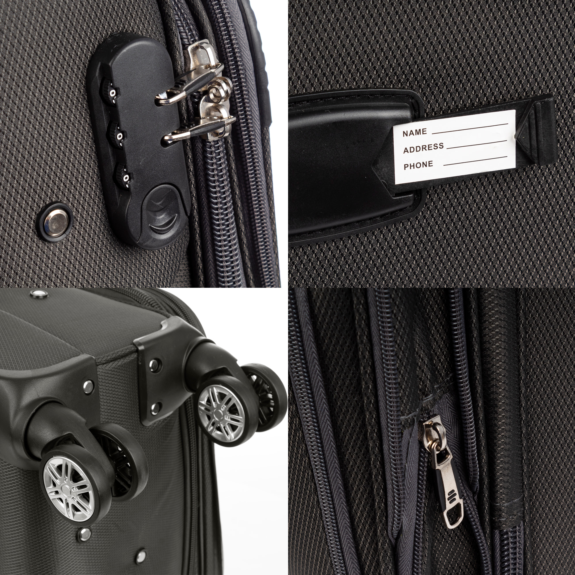 Juego de 3 maletas Trolley extensibles de tela, semirrígidas. Cerradura numérica, 4 ruedas giratorias 360°.