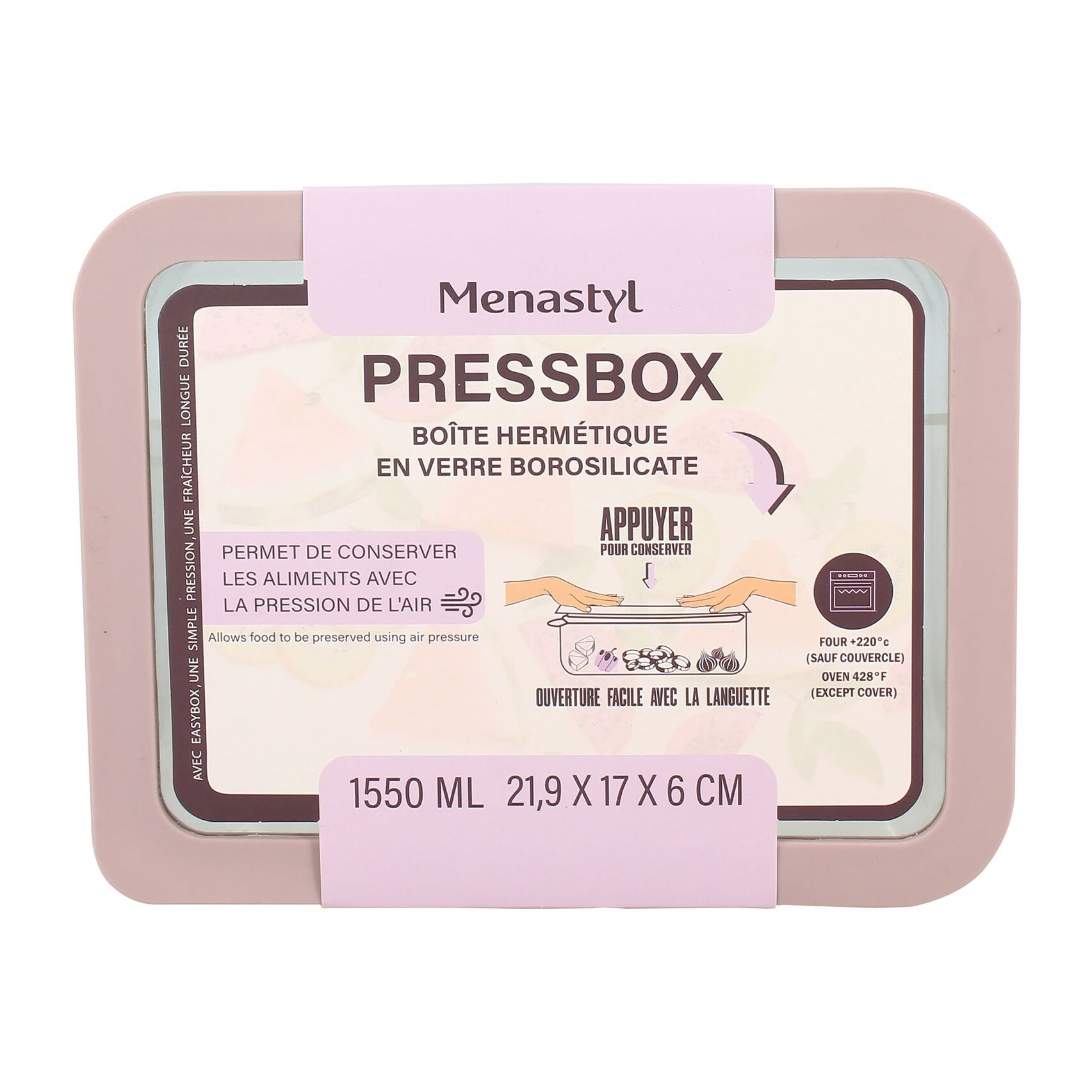 Boîte hermétique rectangulaire rose 1,5L PRESSBOX
