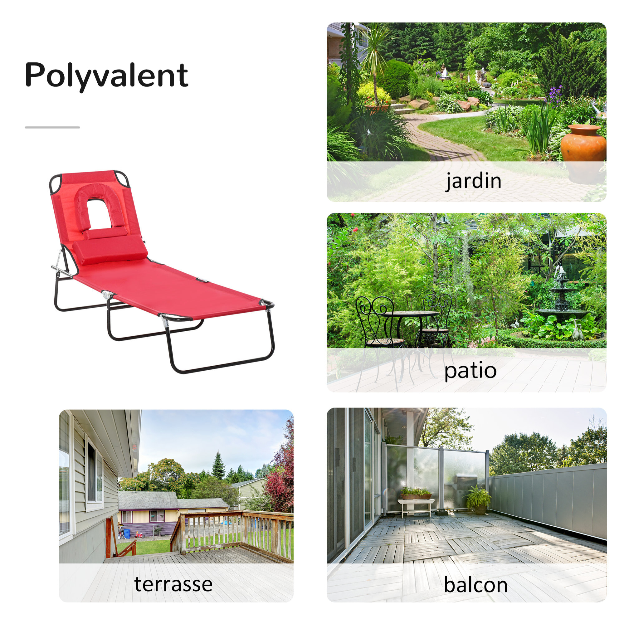 Bain de soleil pliable – Dossier 4 positions – Coussins inclus