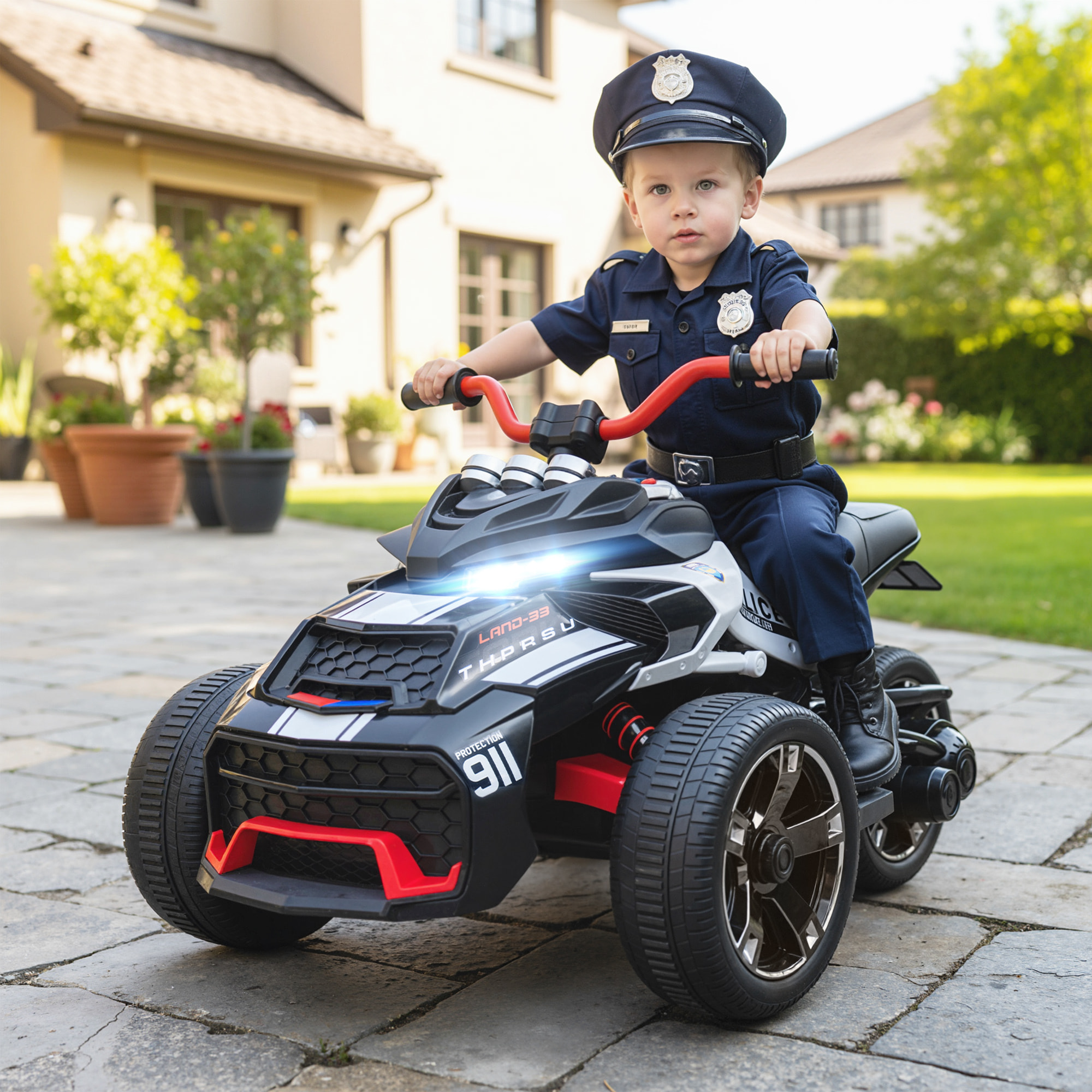 Quad Eléctrico para Niños 12V, Quad para Niños de 3-8 Años, con 2 Motores, Velocidad hasta 5 km/h, 3 Ruedas, Sistema de Suspensión, Faros, Bocina, Música, USB, Negro y Blanco