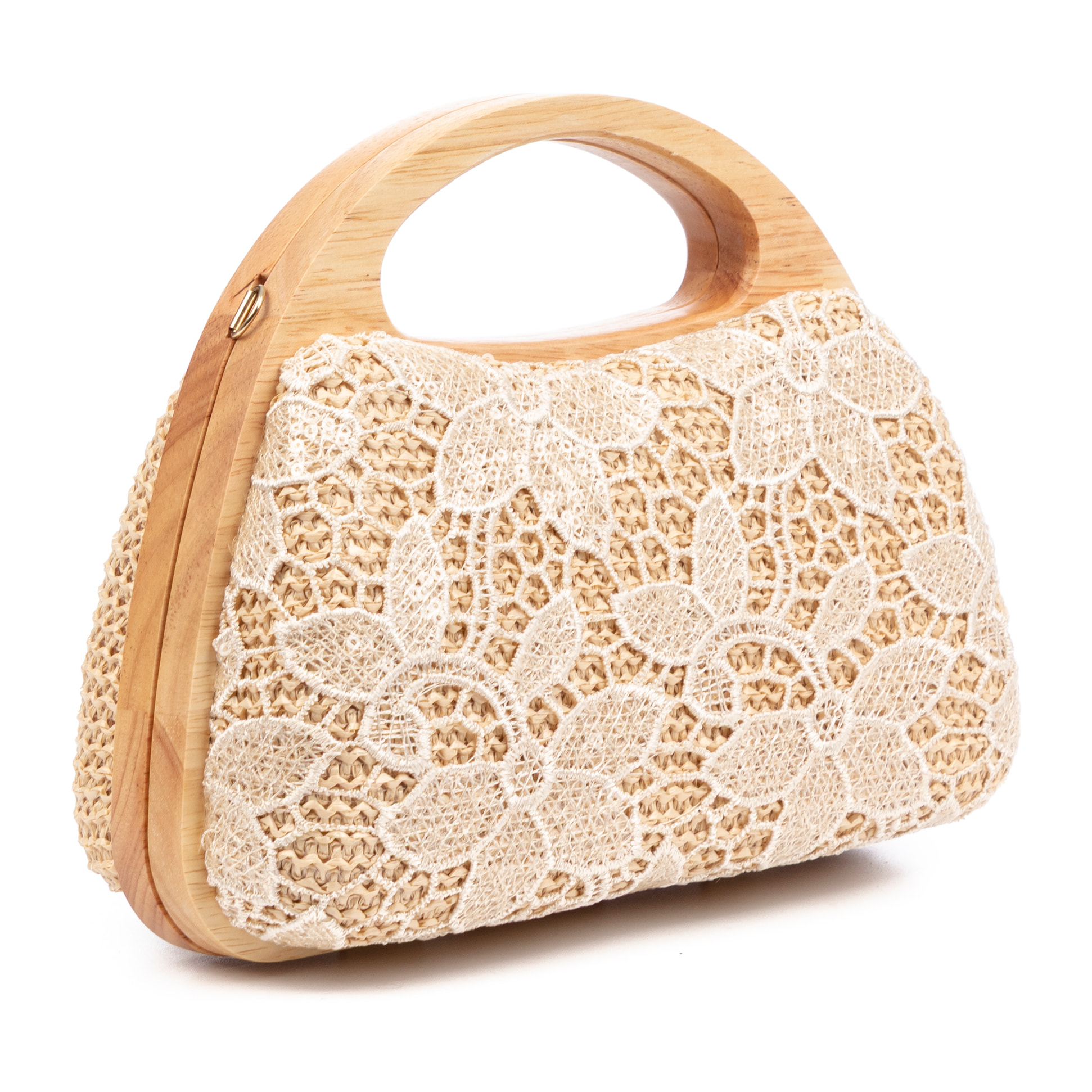 Ausa borsa a mano realizzata in legno naturale, con carta intrecciata e juta, design a rete in tessuto floreale.