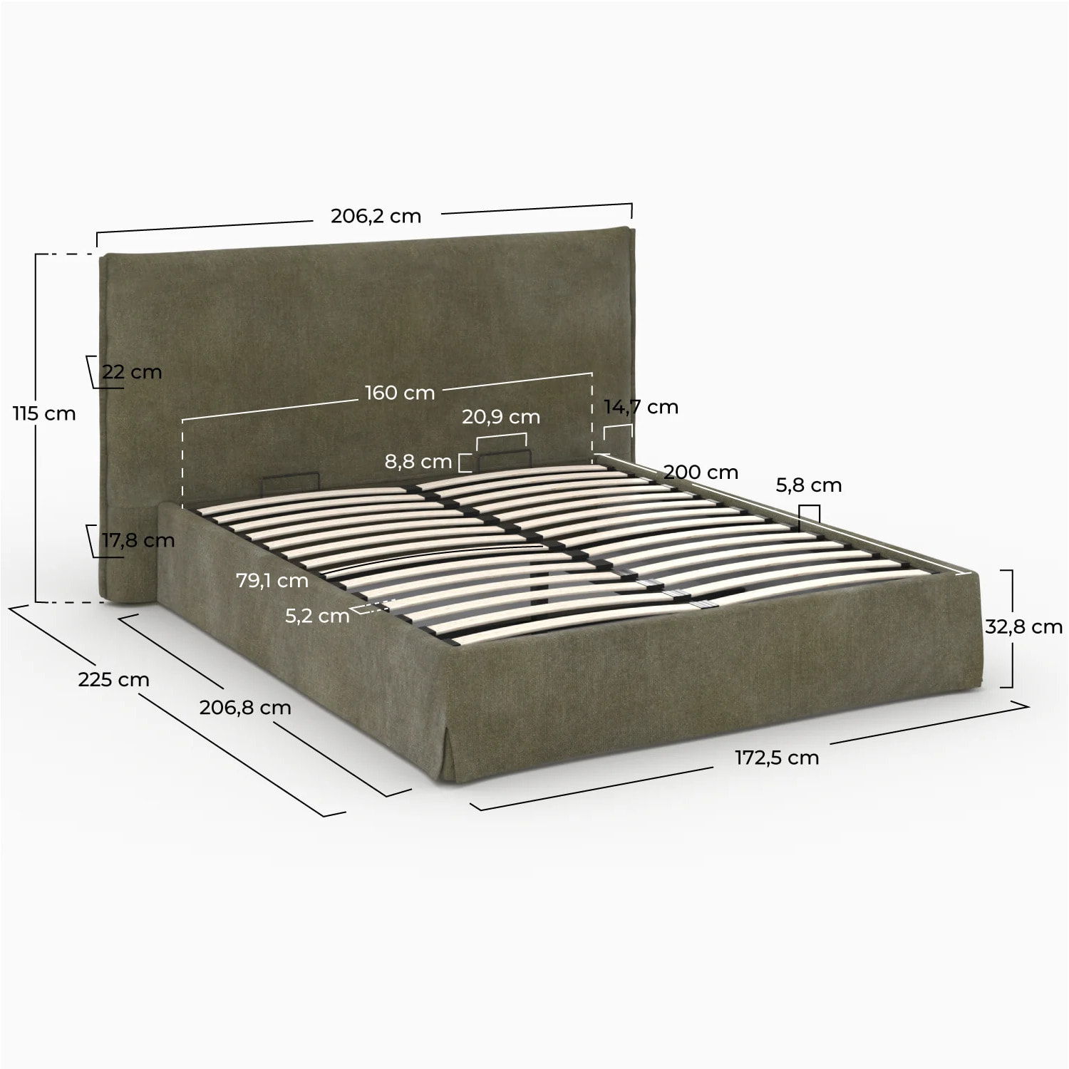 Lit coffre 160x200 cm en tissu vert olive déhoussable - Safia