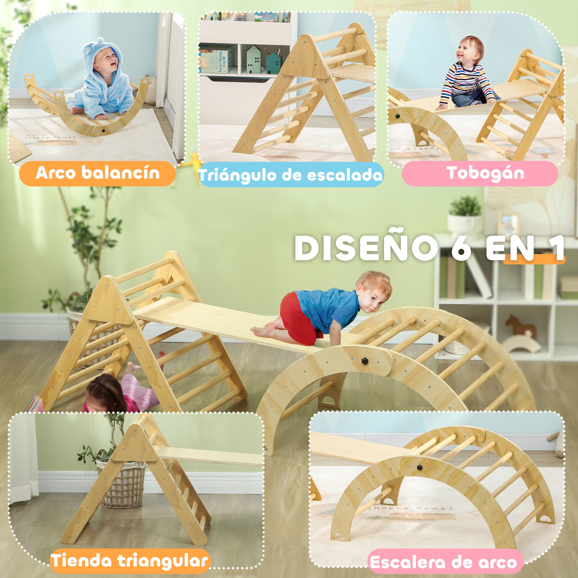 Triángulo de Escalada de Madera Escalada para Niños de 18-48 Meses con Rampa Escalador de Arco para Deslizarse o Escalar 219x72,5x68,5 cm Multicolor