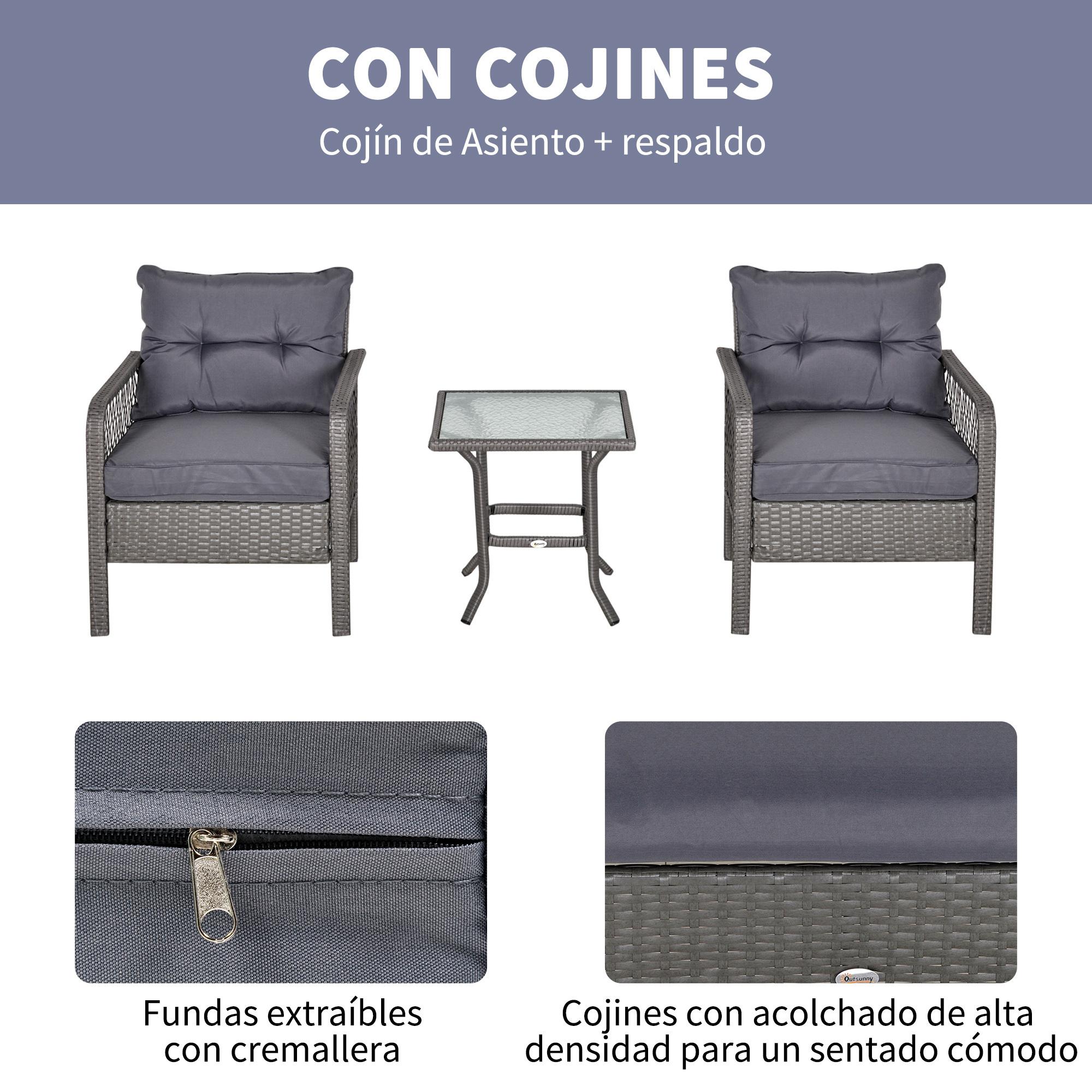 Conjunto de Muebles de Ratán Jardín 2 Sillones y 1 Mesa de Vidrio Templado Gris