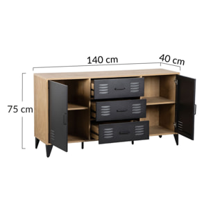Tribeca - buffet bas - effet bois et métal noir - 140 cm - Bois / Noir