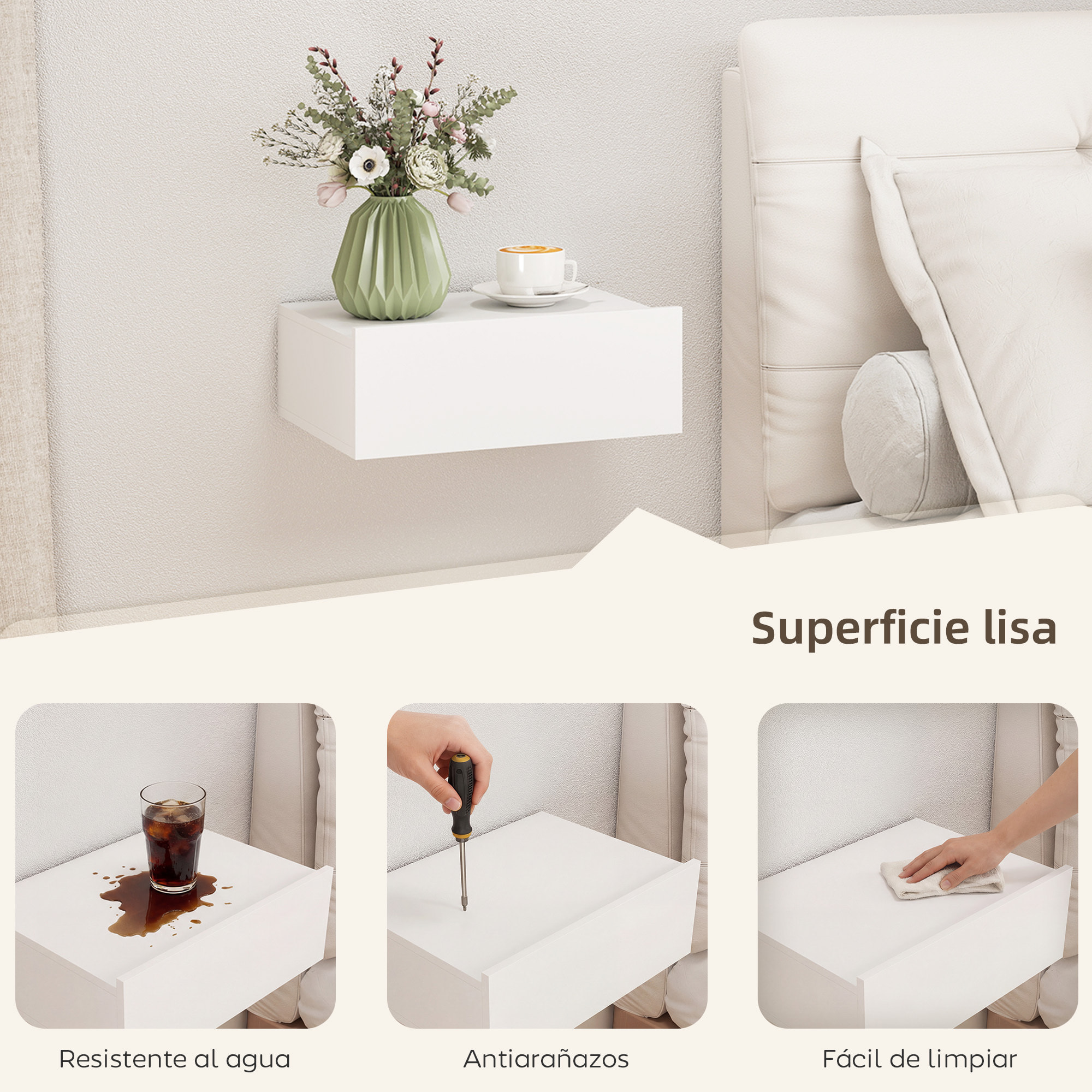 Set de 2 Mesillas de Noche de Pared, Mesitas de Noche Flotantes con 1 Cajón, Mesas Auxiliares para Dormitorio, Habitación Hogar, Diseño Sencillo, 40x30x15 cm, Blanco