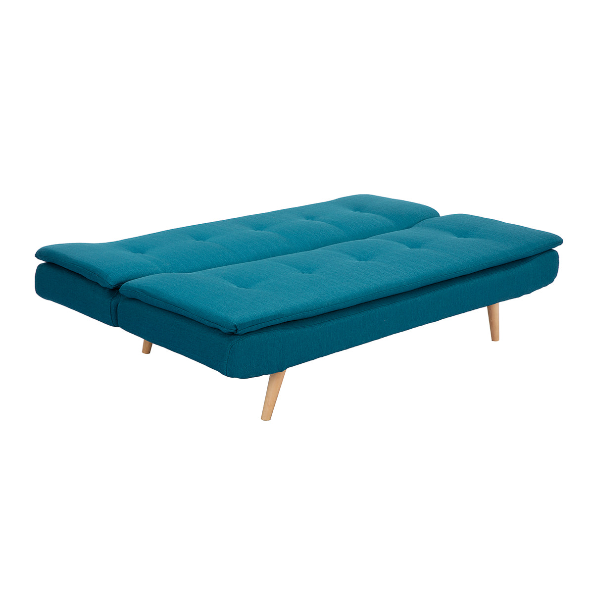 Canapé convertible scandinave 3 places en tissu bleu canard et bois clair SENSO