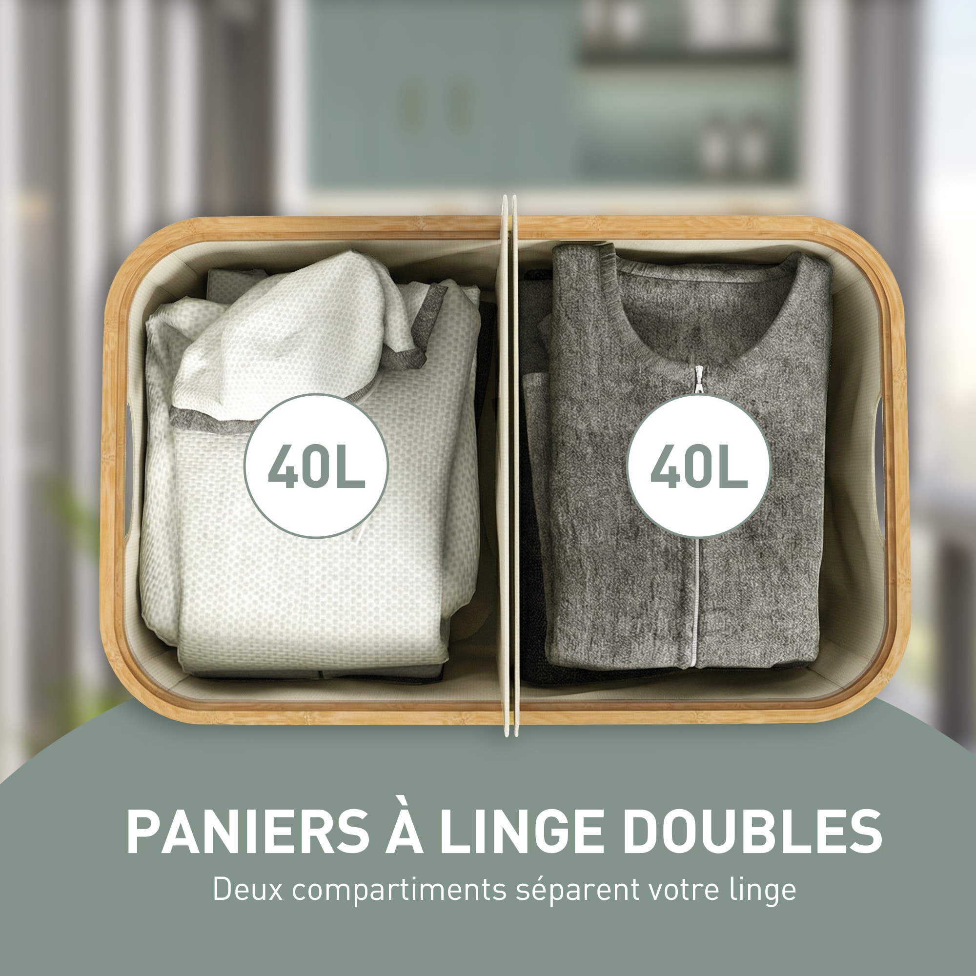 Panier à linge double pliable 80L - corbeille à linge sale avec couvercle et poignées - bambou non tissé beige