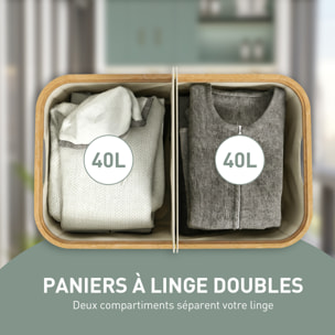 Panier à linge double pliable 80L - corbeille à linge sale avec couvercle et poignées - bambou non tissé beige