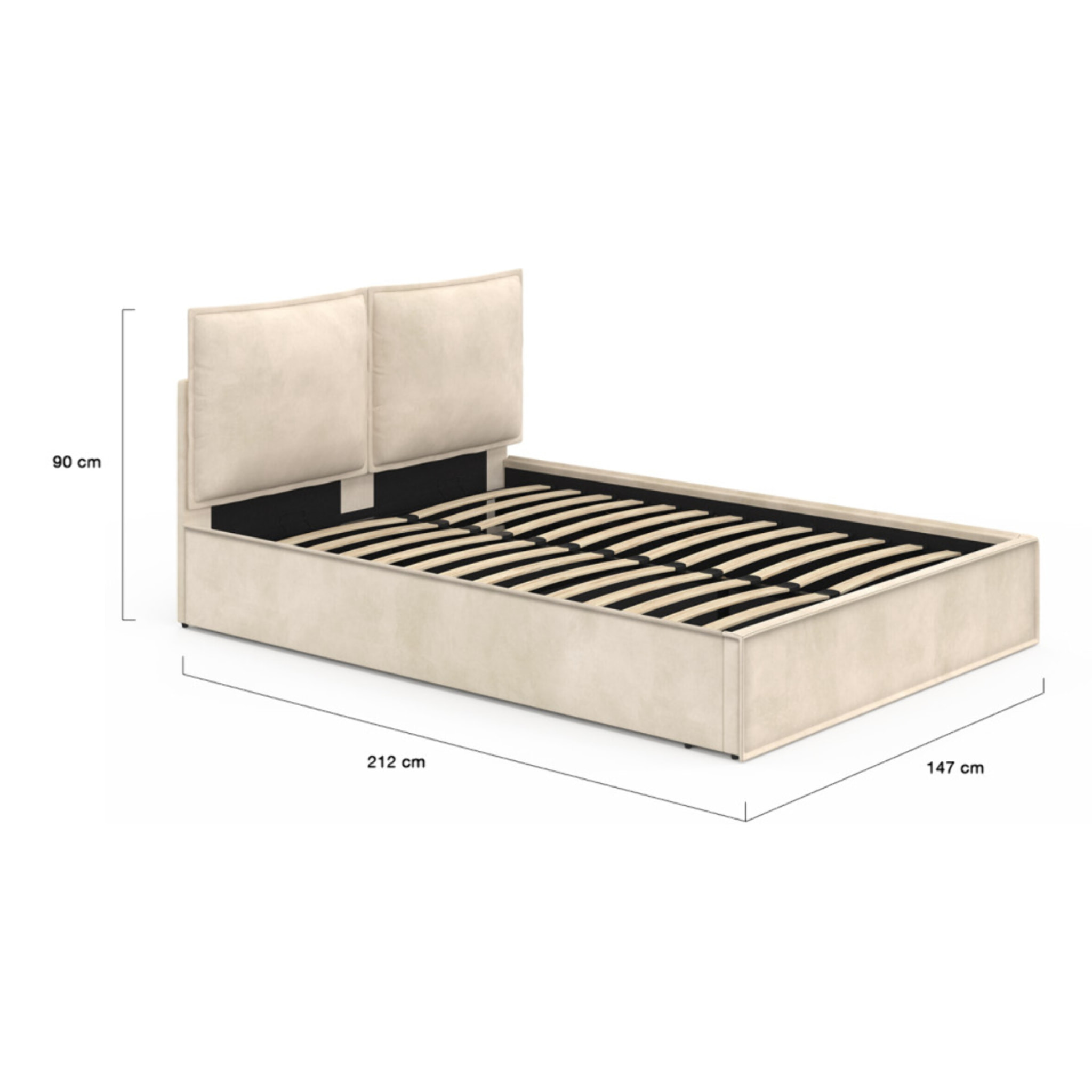 Lit coffre Lilou en velours beige avec sommier et tête de lit effet oreiller 140x190cm