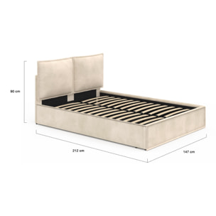 Lit coffre Lilou en velours beige avec sommier et tête de lit effet oreiller 140x190cm