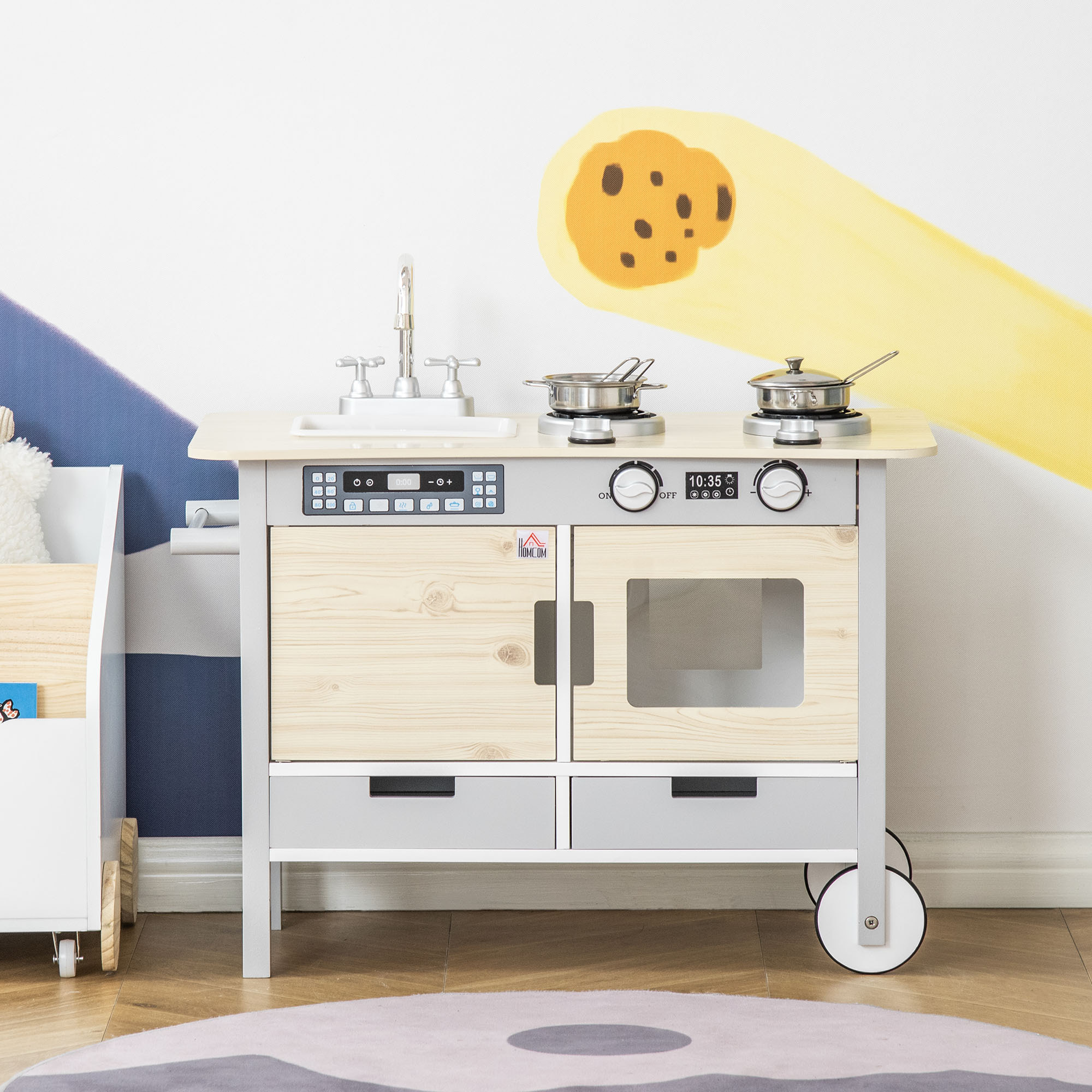 Cuisine desserte pour enfant 2 en 1 multi-équipement avec 5 accessoires acier inox. MDF aspect bois clair gris