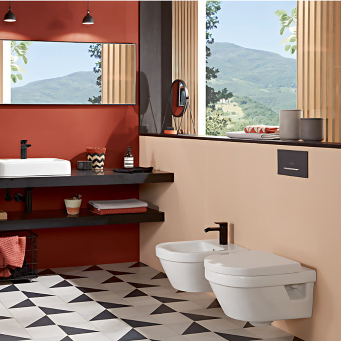 Pack WC sans bride Architectura avec abattant + bâti-support sol et mur Viconnect PRO + plaque noir mat  + Tabouret blanc