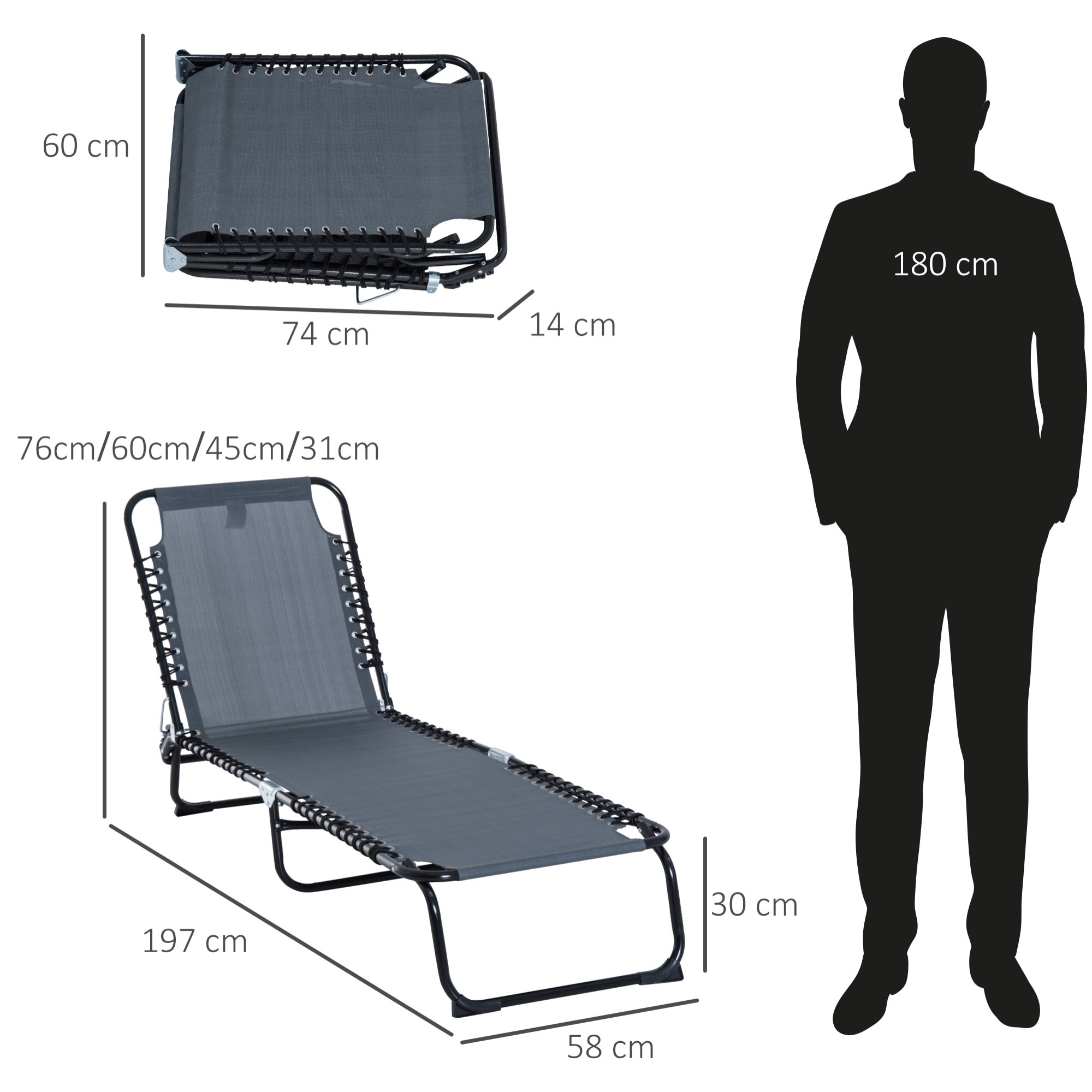 Bain de soleil transat pliable dossier inclinable multi-positions acier thermoplastique lacets élastiques noir textilène gris