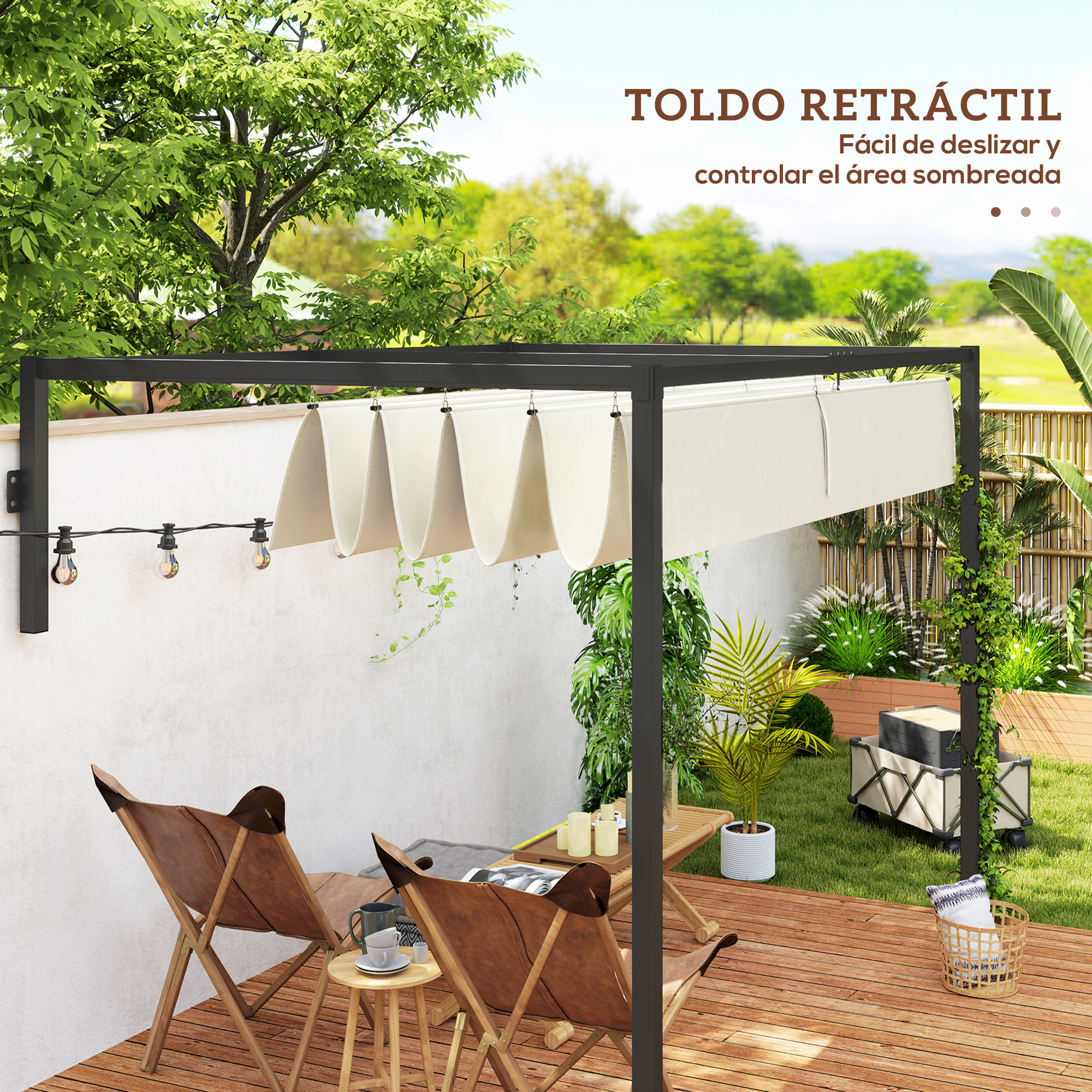 Pérgola con Techo Retráctil Pérgola de Pared 3x2 m Cenador con Tela de Poliéster Resistente al Agua Pabellón para Jardín Patio Terraza Exterior Crema