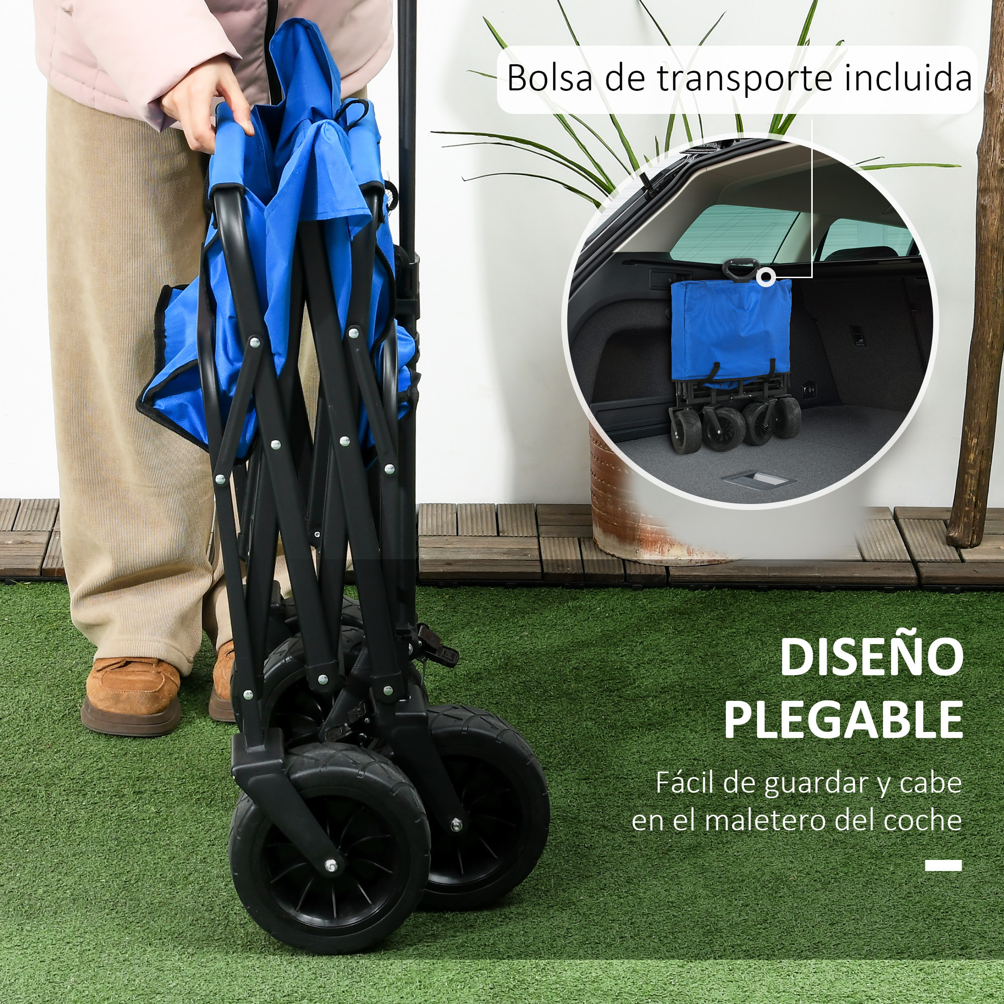 Carro de Jardín con Bolsa Térmica Desmontable Carro Plegable con Longitud y Ángulo del Mango Ajustables y Bolsa de Transporte Carga 100 kg Azul