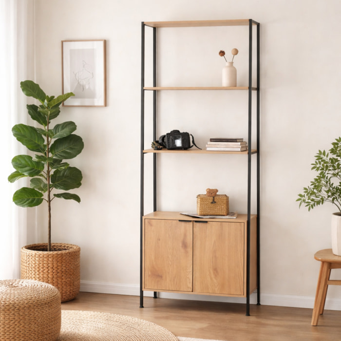 MASSI Etagère 4 rangements et placard 176 cm chêne et noir