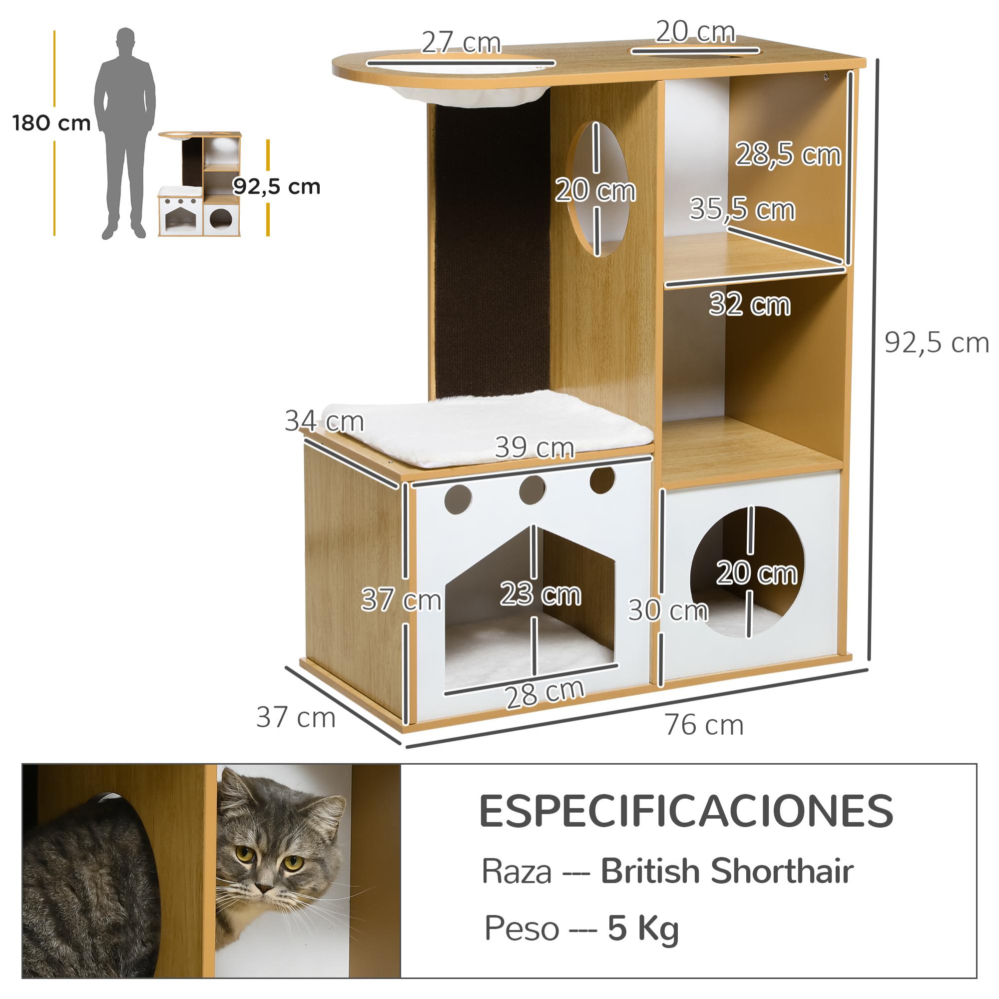 Árbol Rascador para Gatos de Madera 92,5 cm Torre para Gatos para Gatitos de Interior con 2 Cuevas Rascador Hamaca y Cojines de Felpa 76x37x92,5 cm Roble