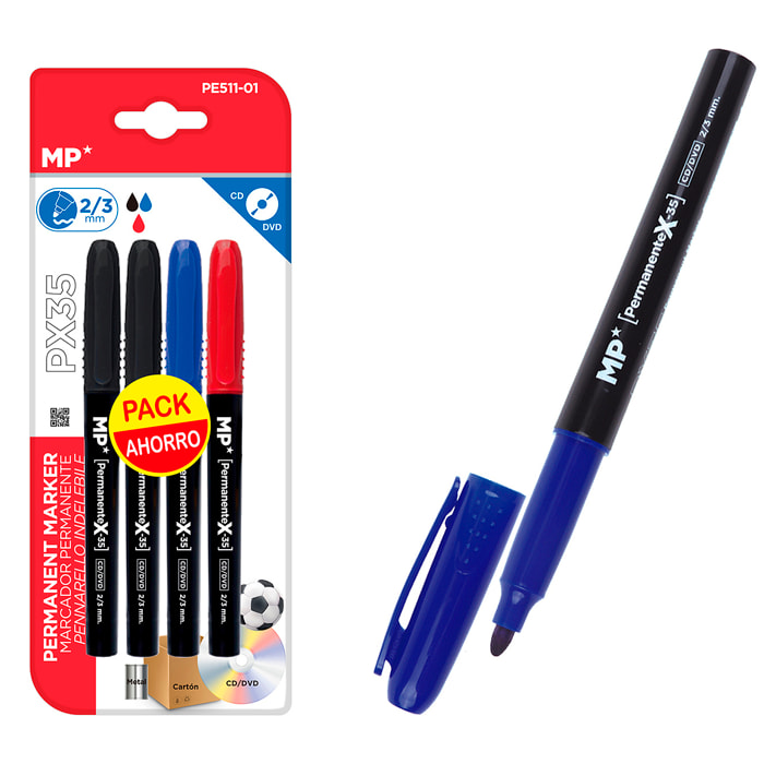 MARCADOR PERMANENTE 4 Uds. 2 negro, 1 rojo y 1 azul. PACK AHORRO