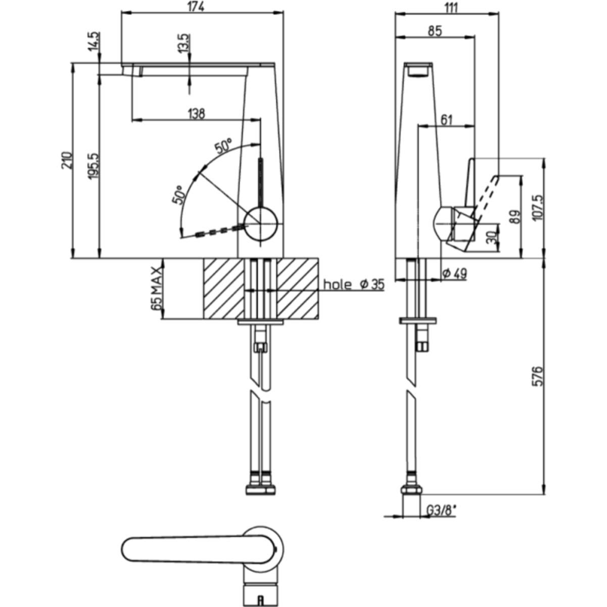 Mitigeur lavabo Conum ouverture côté avec vidage Push Open Noir mat
