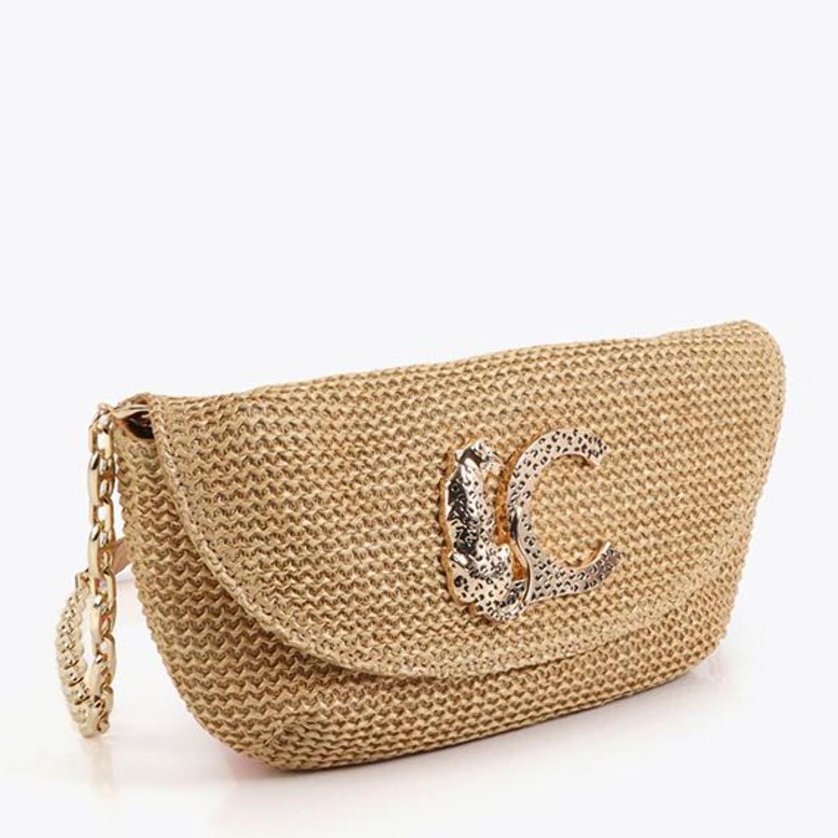 Borsa per eventi effetto rafia con logo leopardato