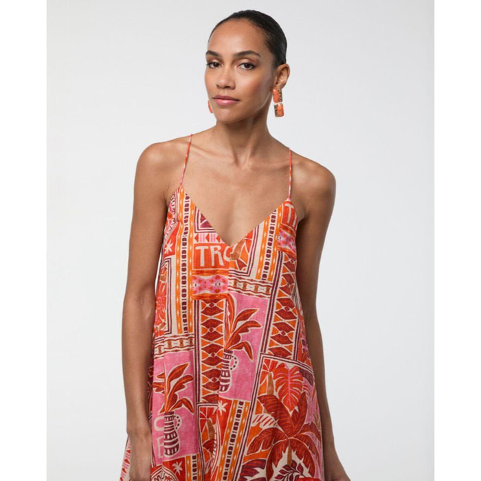 Abito lungo multicolore in lurex con stampa tropicale