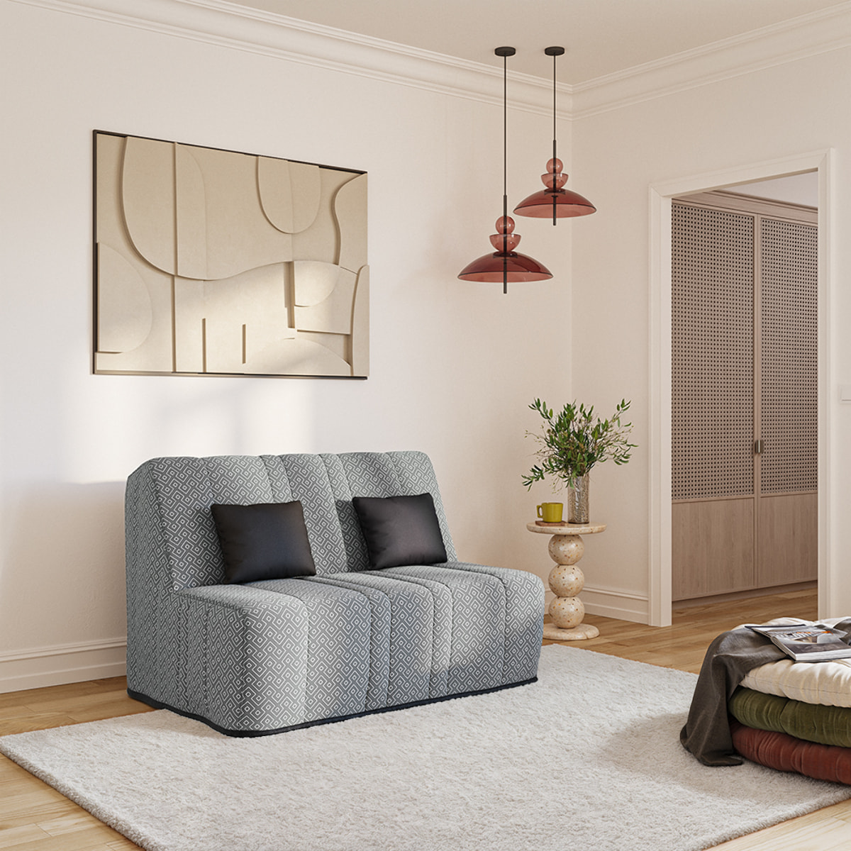 Banquette convertible Gaia, matelas Simmons, 160 x 200 cm, 2 coussins offerts, Geometrik Gris