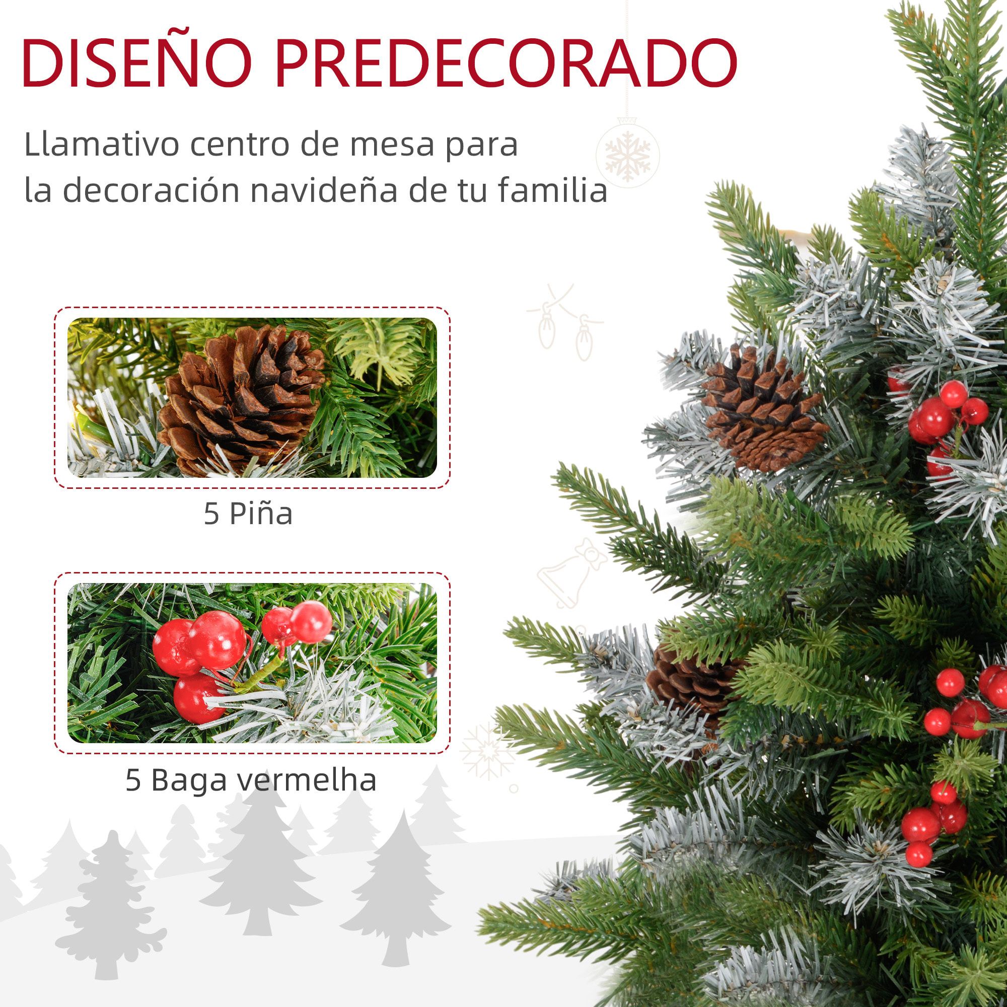 Árbol de Navidad 60 cm Árbol de Navidad Artificial Sobremesa con 20 Luces LED 141 Ramas 5 Piñas 5 Racimos de Bayas Rojas y Soporte de Metal Árbol Navideño para Interior Verde