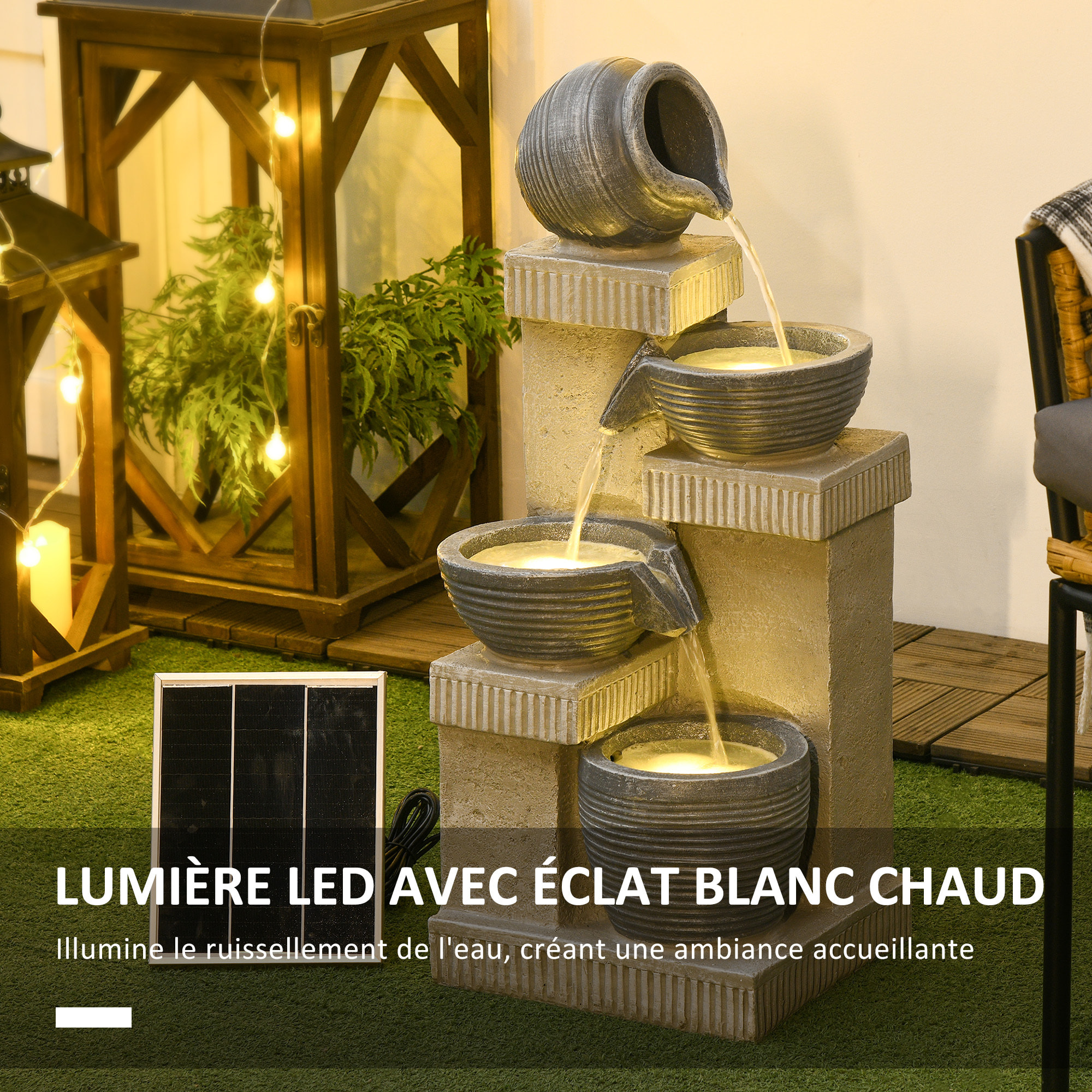 Fontaine de jardin à énergie solaire - fontaine cascade 4 niv. LED pompe incluse - résine gris