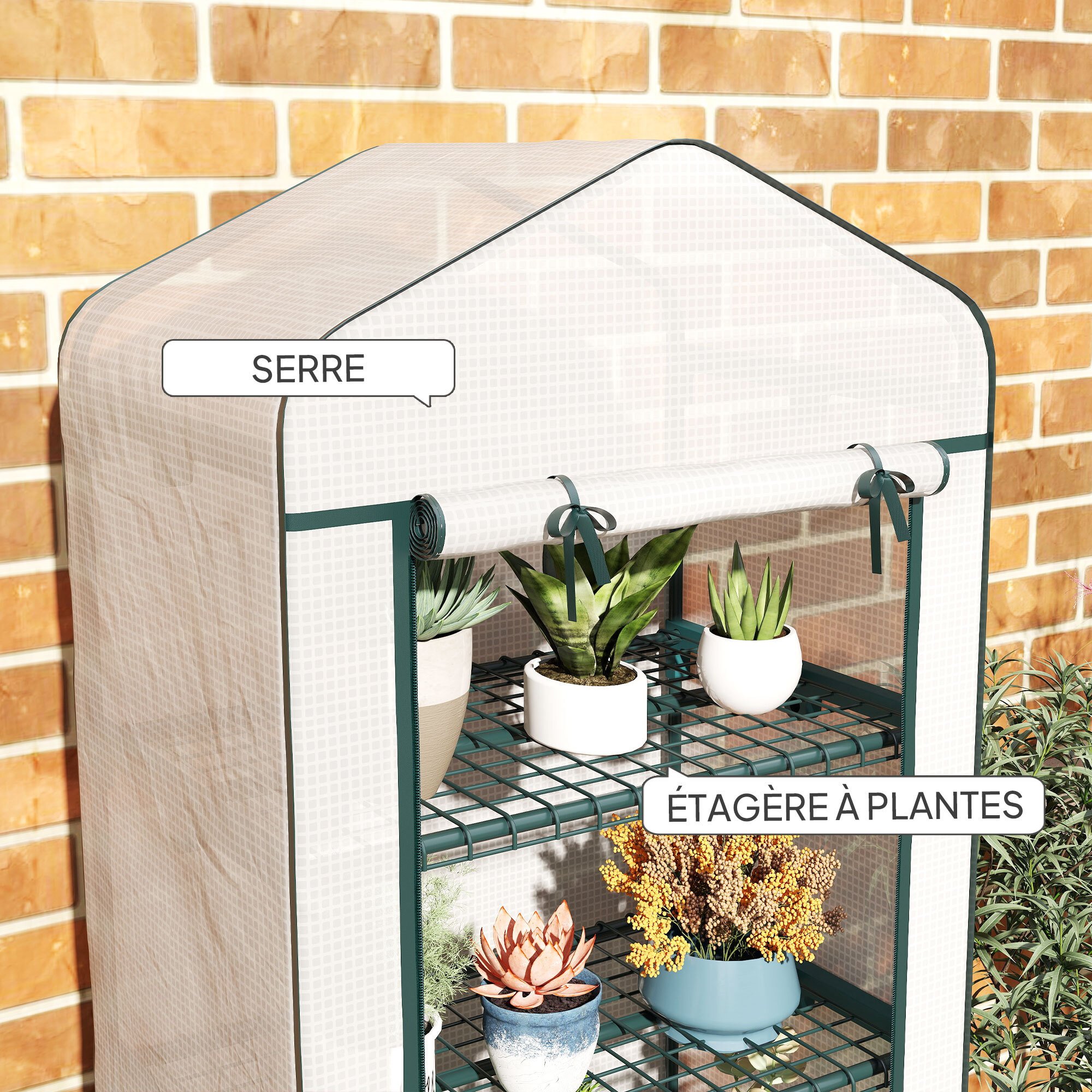 Serre de jardin balcon 4 étagères dim. 69 x 50 x 165 cm acier époxy bâche PE zippée haute densité blanc