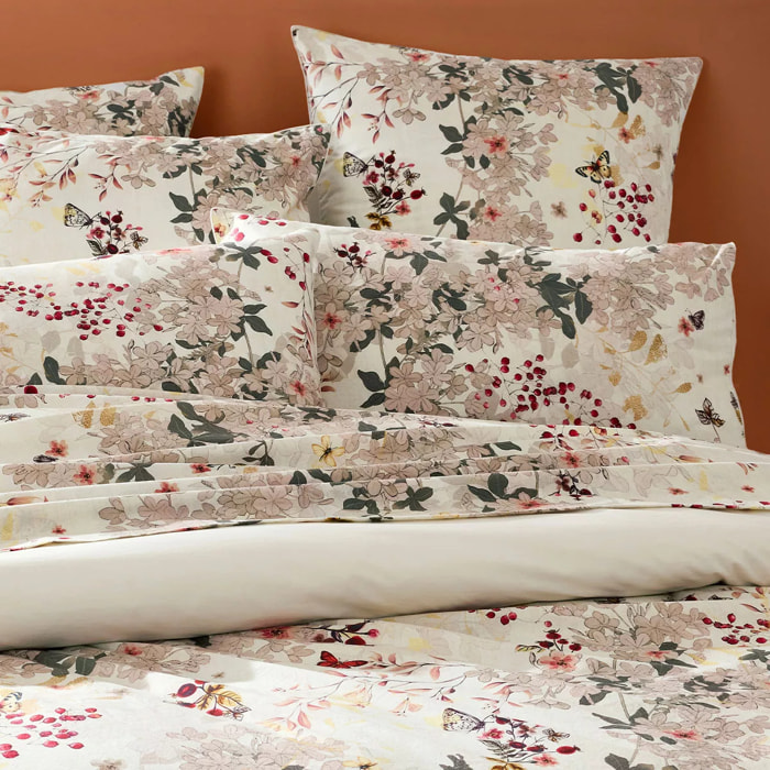 Lot de 2 taies percale de coton lavé 115 g/m² imprimé beige bordeaux Vintage flowers cranberry