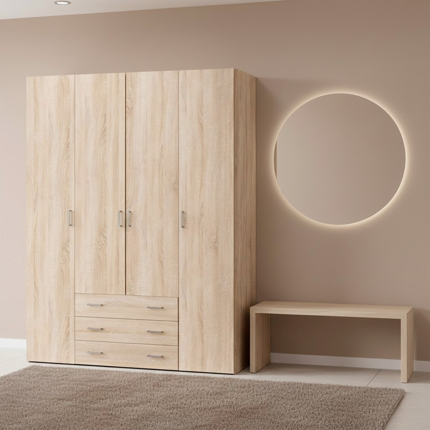 Armadio Guardaroba Con 4 Ante E 3 Cassetti Design Moderno Ampio Vano Con Barra Appendiabiti e Ripiani Salvaspazio Abiti 154 x 49.5 x 200.4 Cm Rovere