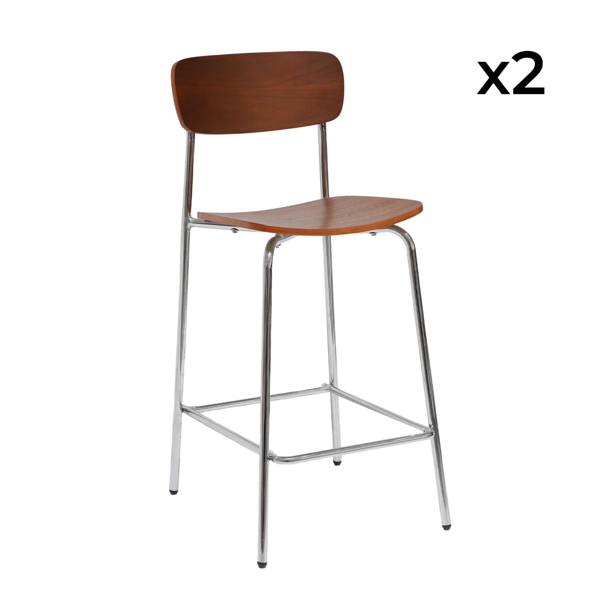 Lot de 2 tabourets de bar vintage contreplaqué avec placage bois effet noyer et pieds métal chromé L 42.5 x P 50 x H 94cm - Toby