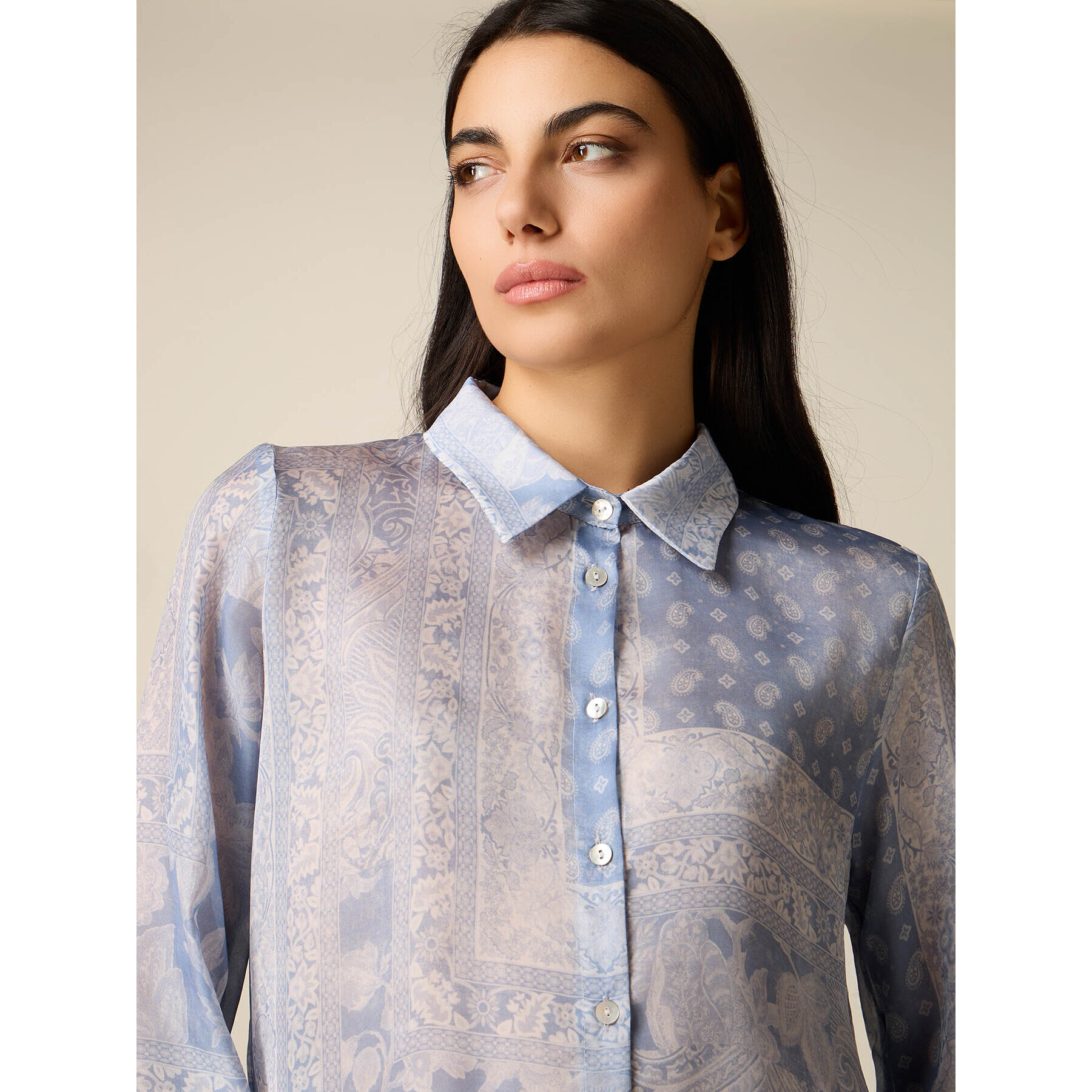 Oltre - Camisa de raso estampado pañuelo - Light - blue