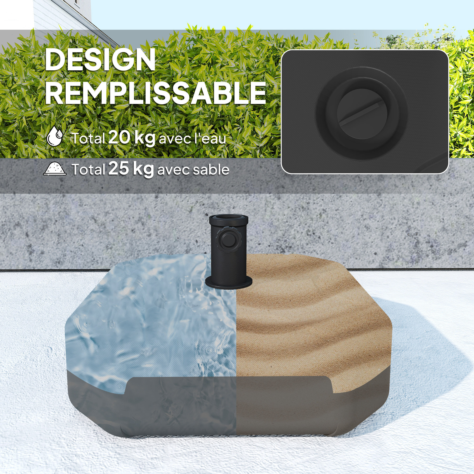 Pied de parasol à lester 25 Kg max. mât dia. 38-48 mm