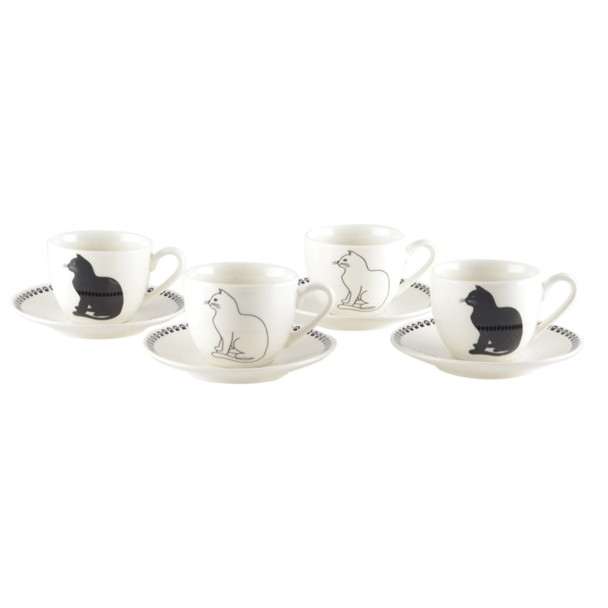 Tasses à café avec soucoupes chat noir et blanc - lot de 4