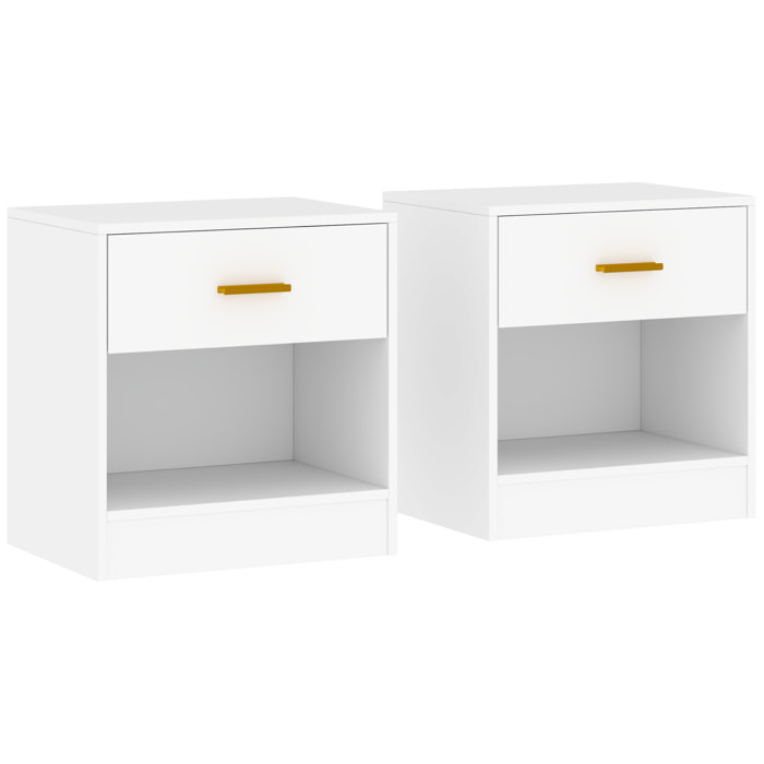 Lot de 2 chevets - tables de nuit - tiroir, niche, plateau - poignée métal doré blanc