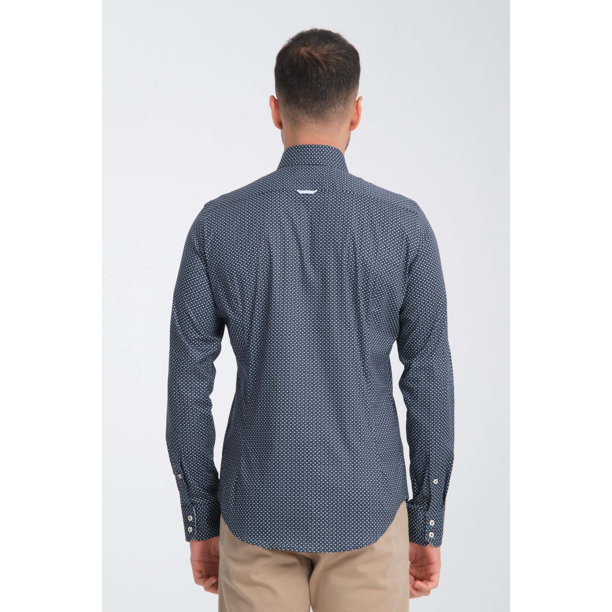 Camicia Uomo 2 Bottoni Button Down Slim Popeline Stretch Stampato Blu\Bianco
