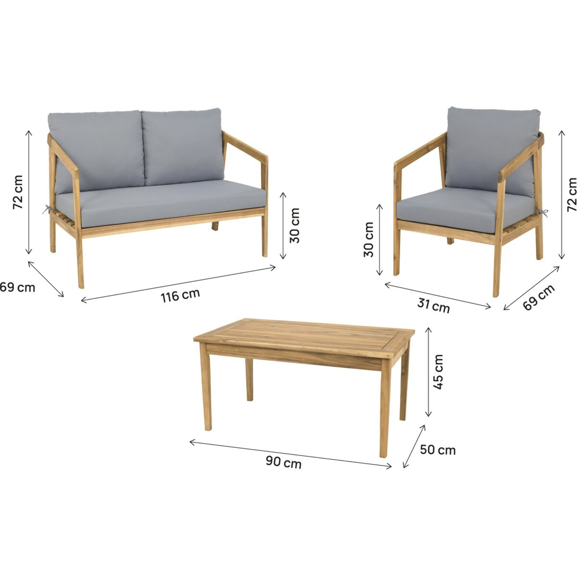 Salon de jardin en bois avec coussins "Presley" - 4 places - Gris