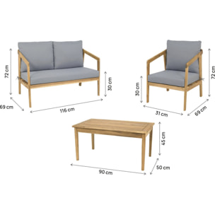 Salon de jardin en bois avec coussins "Presley" - 4 places - Gris