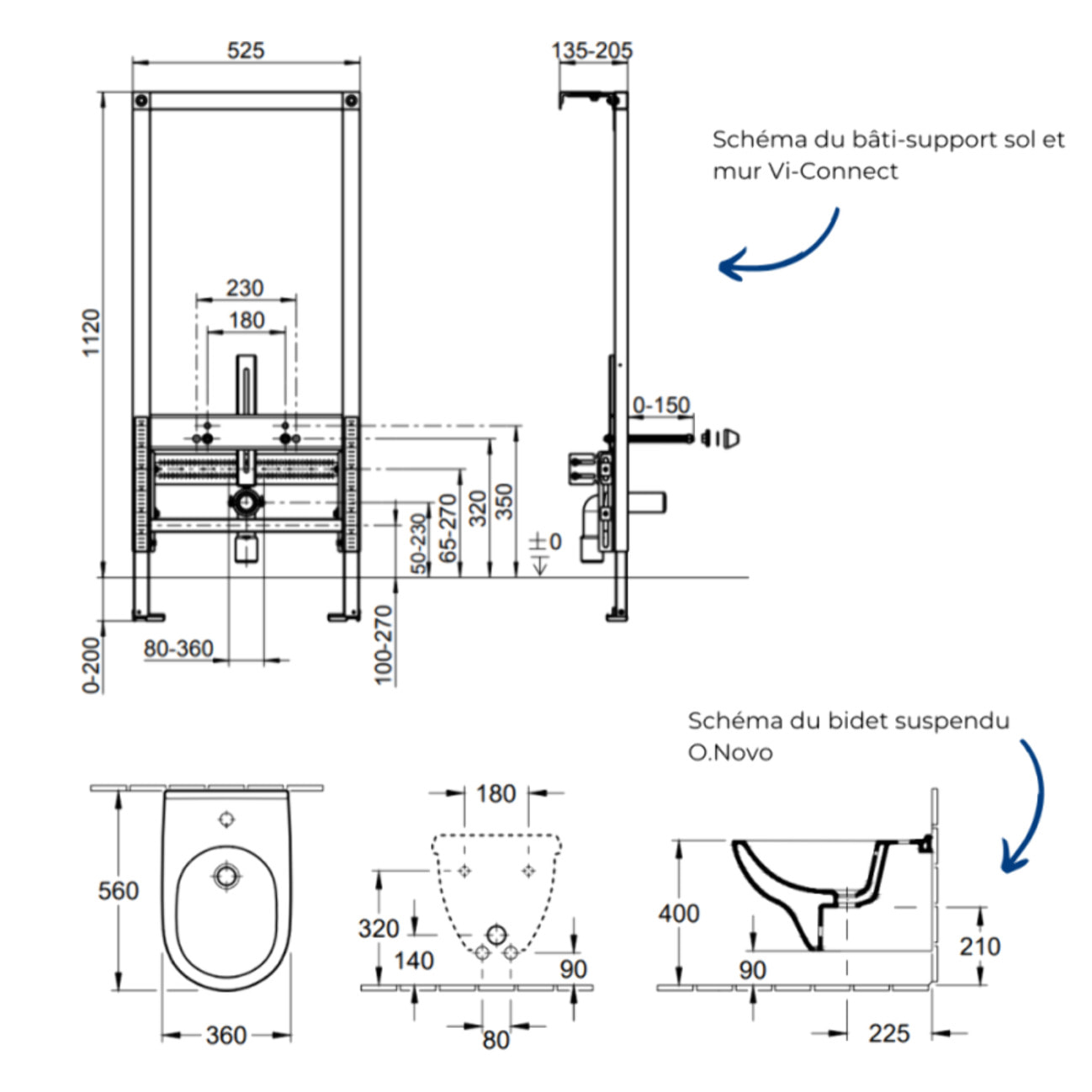 Pack bidet suspendu VILLEROY & BOCH O.Novo + Bâti-support sol et mur Vi-connect