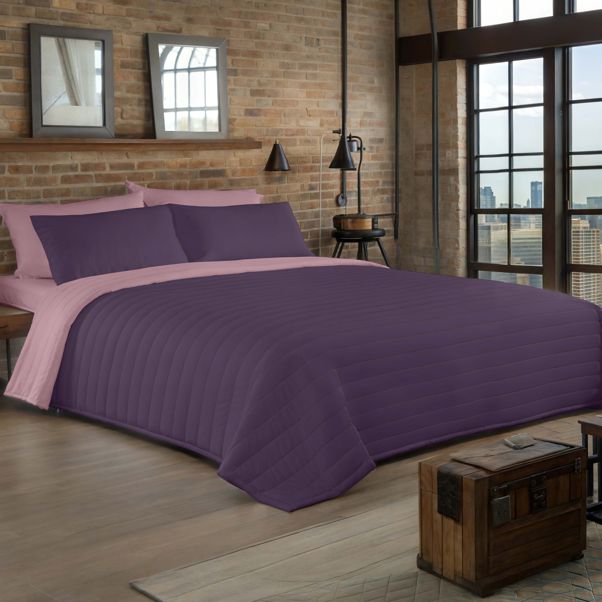 Naturals - Colcha Bouti - Lisa - Reversible - 100% Microfibra - 70 gr/m² - Berenjena/Rosa Viejo
