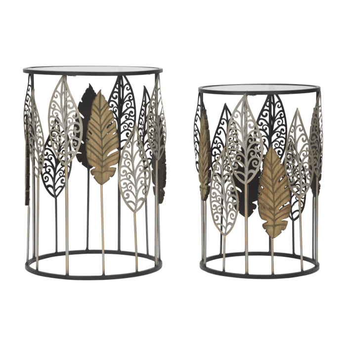 TAVOLINETTI IN FERRO E LEGNO FOGLIE COPPIA CM 38X55-33X50