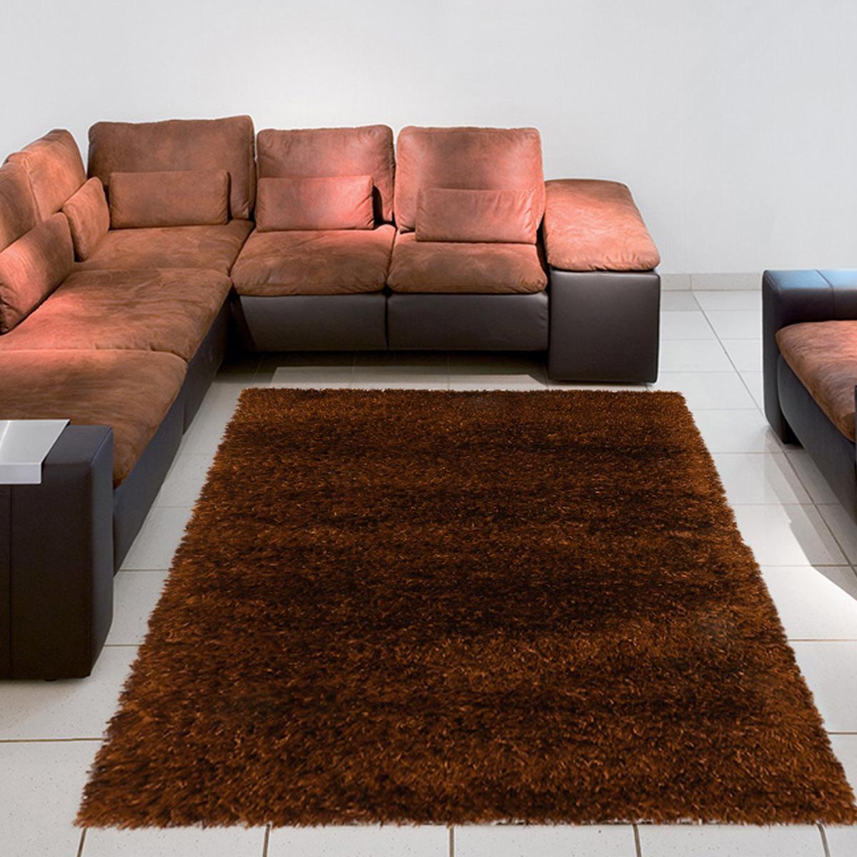 Tapis longs poils shaggy Ø140cm rond fait main marron motif uni MELANGE